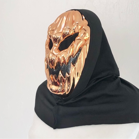 Halloween Scary Jack-O-Lantern Mask Metallic Orange Pumpkin Skull Hodded Costume - Picture 3 of 7